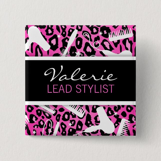 Pink Leopard Print (Custom) Hair Salon Name Badge (Front)