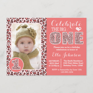 Pink Leopard Print First Birthday Party Invitation