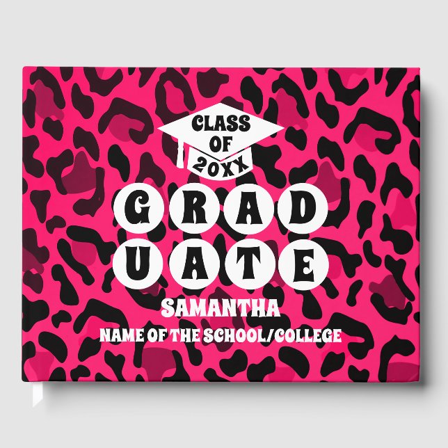 Pink Leopard Print Graduation Guest Book (Front)