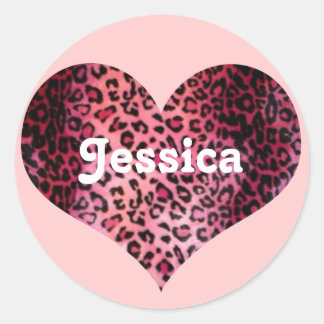 Pink Leopard Print Heart Name Classic Round Sticker