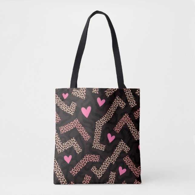 Pink Leopard Print Heart Tote Bag with Zigzag (Front)