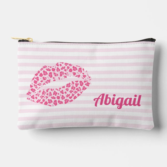 Pink Leopard Print Kiss -  Personalised Accessory Pouch (Front)