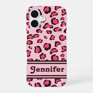 Pink Leopard Print Look-like With Custom Name iPhone 16 Case