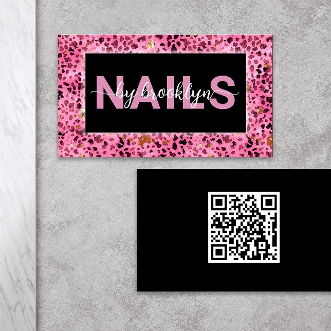 Pink Leopard Print Nails By QR Code Nail Tech Business Card (Creator Uploaded)