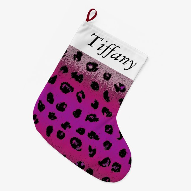 Pink Leopard Print Personalised Christmas Stocking (Front (Hanging))