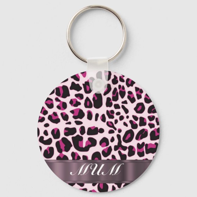 Pink leopard print personalised mothers key ring (Front)