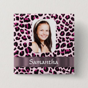 Pink leopard print photo template 15 cm square badge