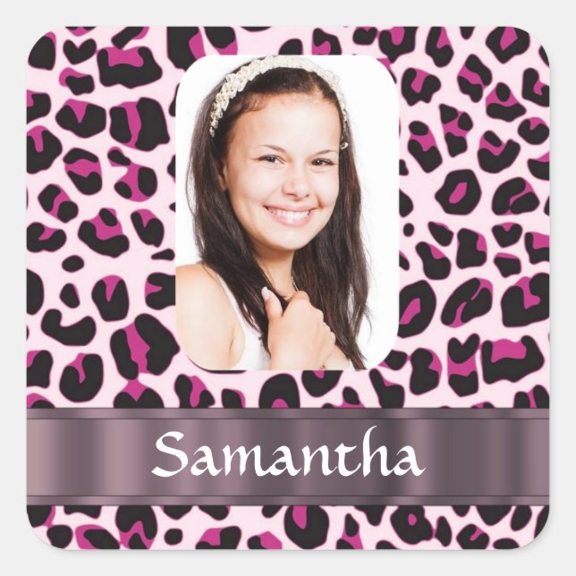 Pink leopard print photo template square sticker (Front)