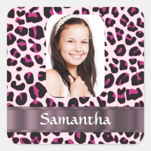Pink leopard print photo template square sticker