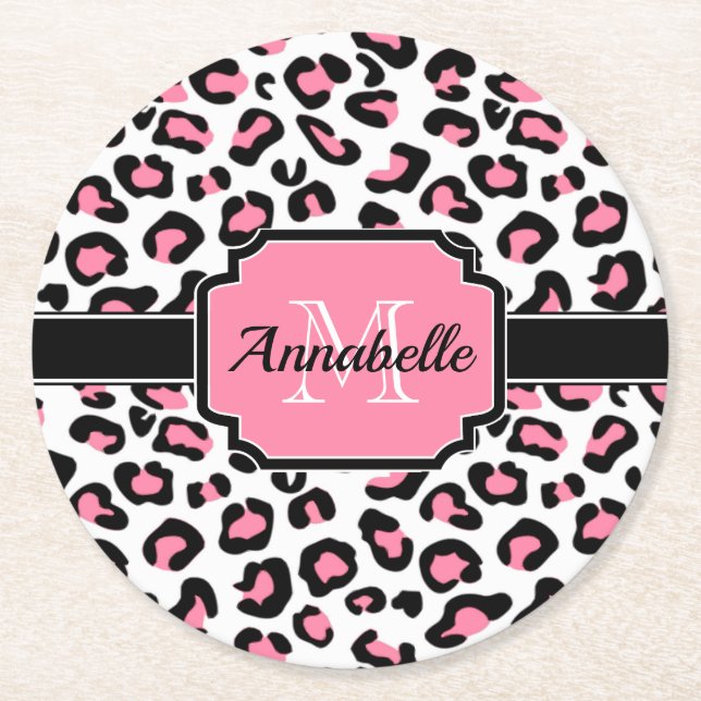Pink Leopard Print Round Paper Coaster (Front)