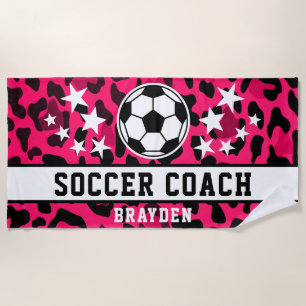 Pink Leopard Print Soccer Coach Name  Beach Towel