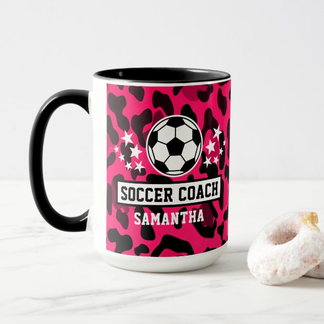 Pink Leopard Print Soccer Coach Name  Mug (With Donut)