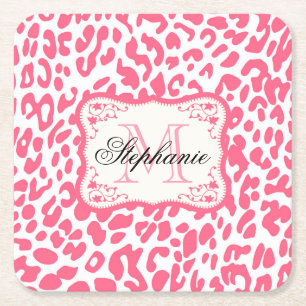 Pink Leopard Print Square Paper Coaster