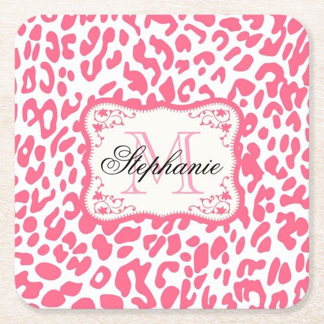 Pink Leopard Print Square Paper Coaster (Front)