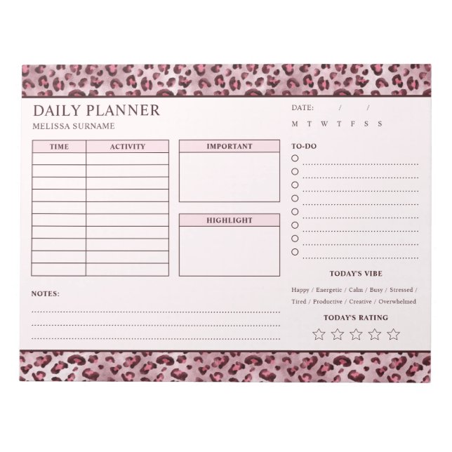 Pink Leopard Print Undated Daily Planner To Do Notepad (Front)
