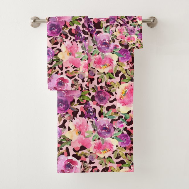 Pink Leopard Print Watercolor Floral Bath Towel Set (Insitu)