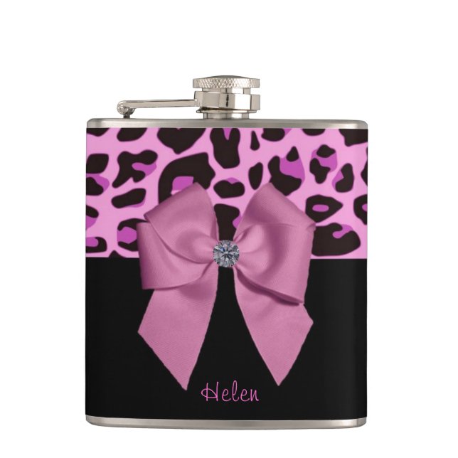 Pink Leopard Print with Bow Hip Flask (Front)