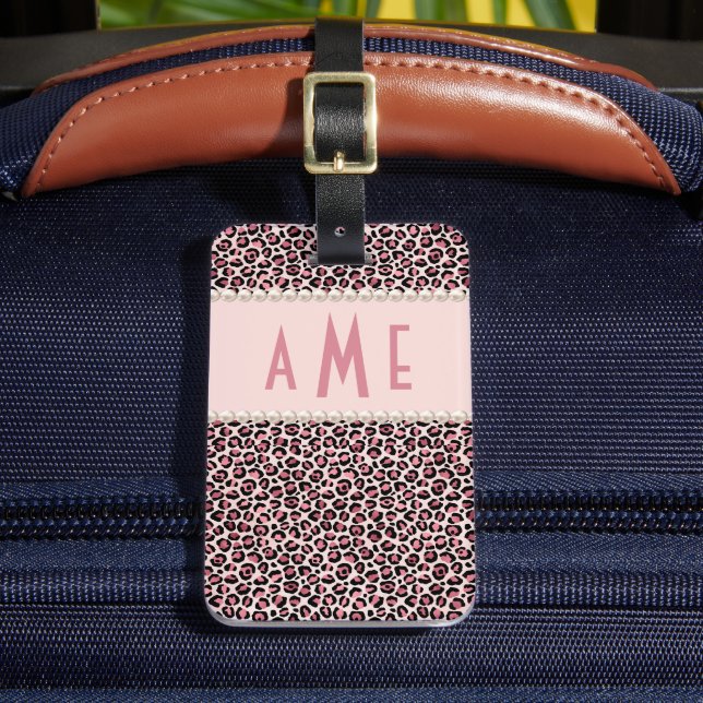 Pink Leopard Print With Pearls Monogrammed  Luggage Tag (Front Insitu 2)