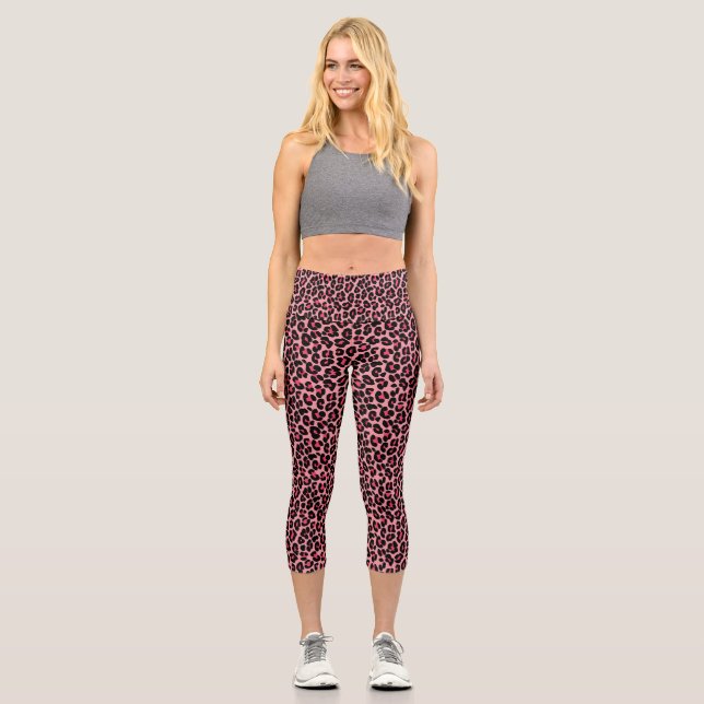 Pink Leopard Skin Print Exotic Animal Capri Leggings (Front)