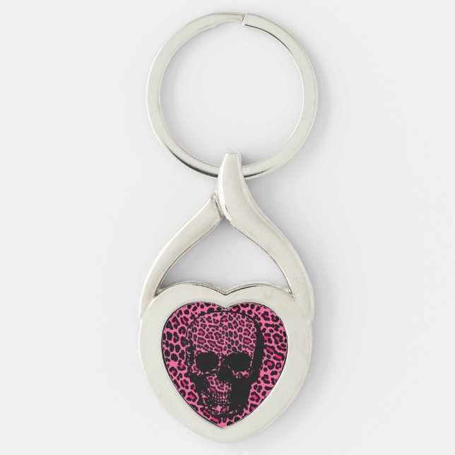Pink leopard skin print punk skull key ring (Front)