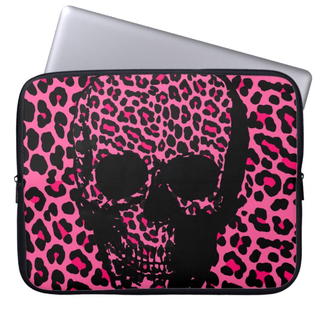 Pink leopard skin print punk skull laptop sleeve (Front)