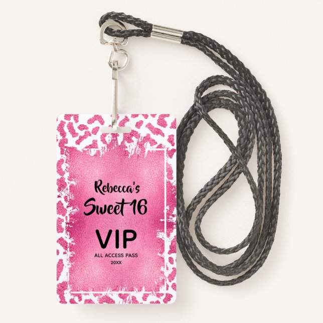 Pink Leopard Sweet 16th Birthday Invite VIP Pass ID Badge (Front with Lanyard)