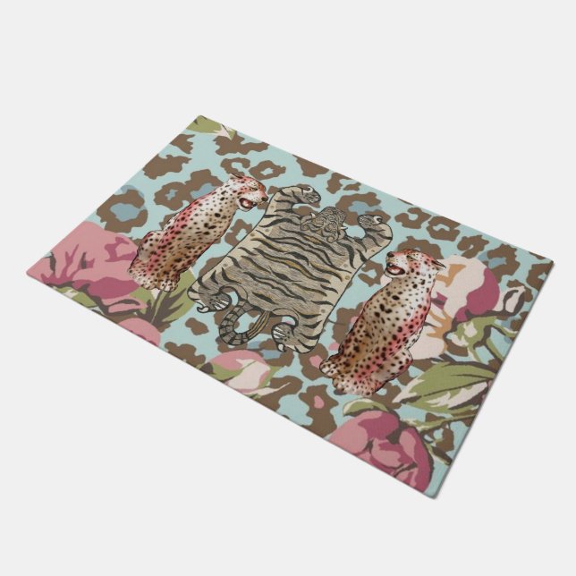 Pink Leopard Tiger Chinoiserie Doormat Mat Rug  (Angled)