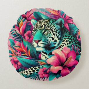 Pink Leopard Tropical Art  Round Cushion