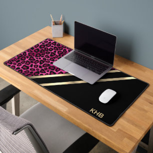Pink Leopard with Gold & Black - Monogram Desk Mat