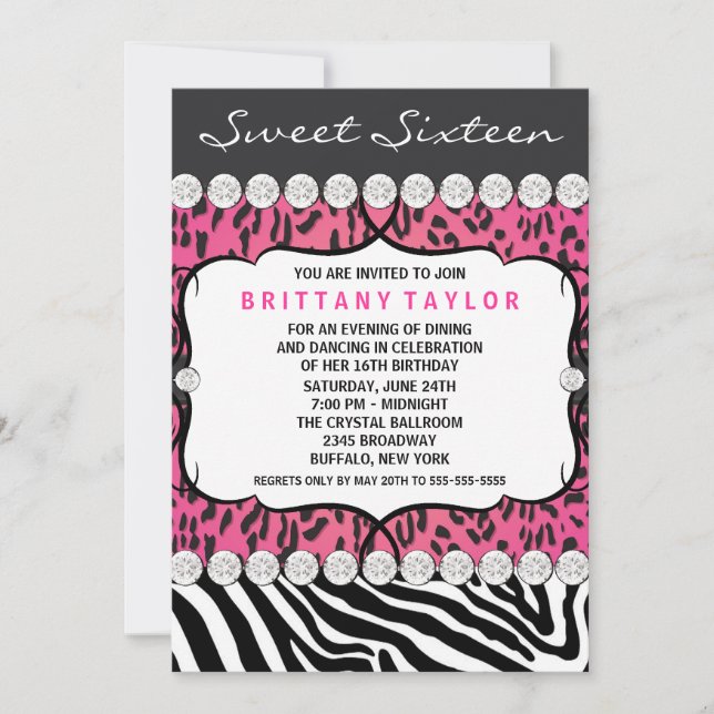 Pink Leopard Zebra Sweet 16 Party Invitation (Front)