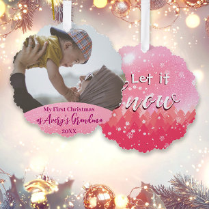 Pink Let it Snow 1st Christmas as Grandma Photo Tree Decoration Card