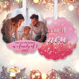 Pink Let it Snow 1st Christmas Family of 3 Photo Tree Decoration Card