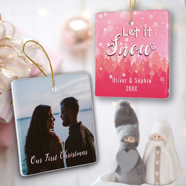 Pink Let it Snow First Christmas Photo  Ceramic Ornament (Creator Uploaded)