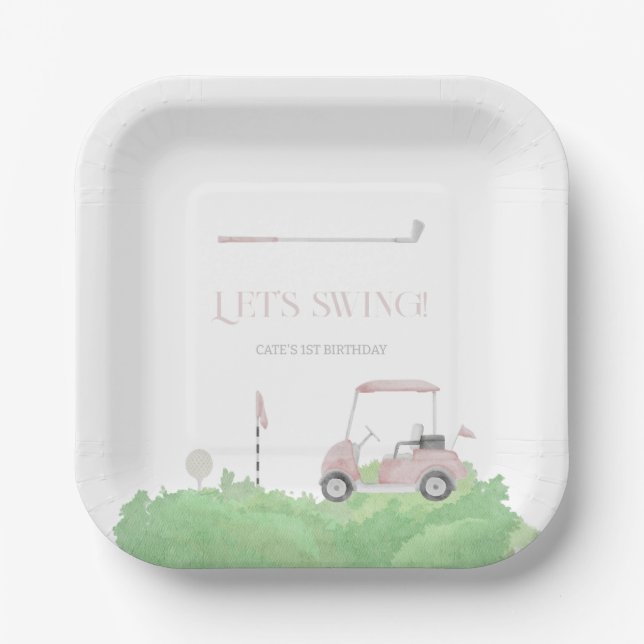 Pink let’s par tee Golf Birthday  Paper Plate (Front)