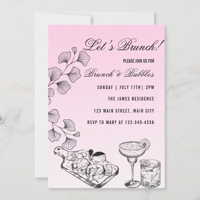 Pink Lets Brunch, Brunch And Bubbles Invitation (Front)