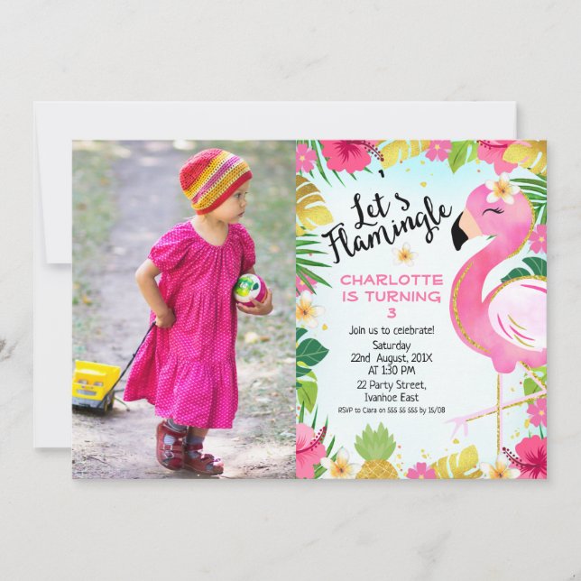 Pink Let's Flamingle Floral Foliage Photo Birthday Invitation (Front)