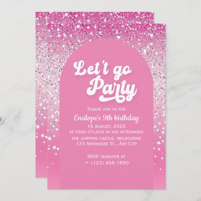 Pink Let's Go Party Birthday Invitation (Front/Back)