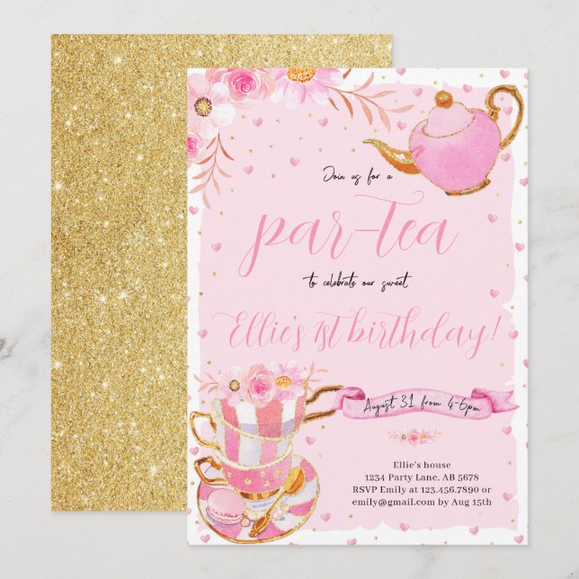 Pink Let's Par-tea Tea Birthday Party Invitation (Front/Back)