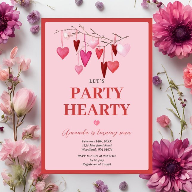 Pink Let's Party Hearty Valentine Balloon Birthday Invitation (Creator Uploaded)