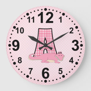 Pink Letter A Alligator Chequered Kids Large Clock