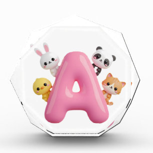 Pink Letter A Forest Animals Acrylic Block