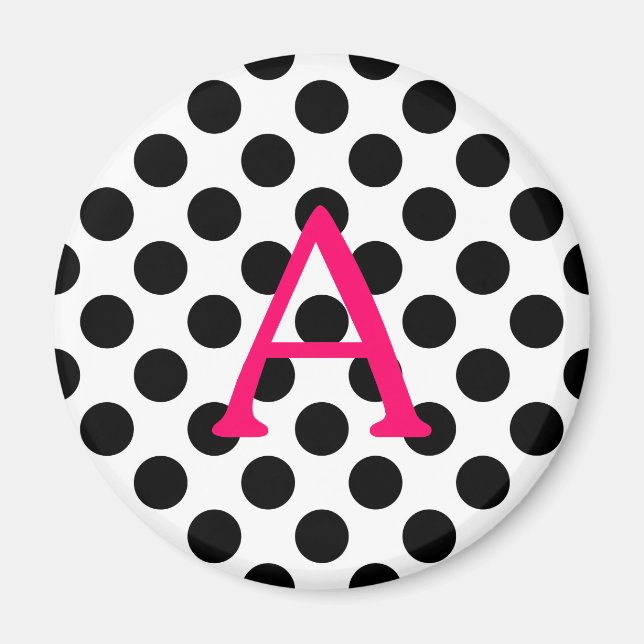 Pink Letter A on Black Polka Dots Magnet (Front)