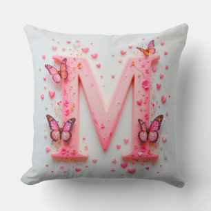 Pink Letter M Design With Butterflies Cushion