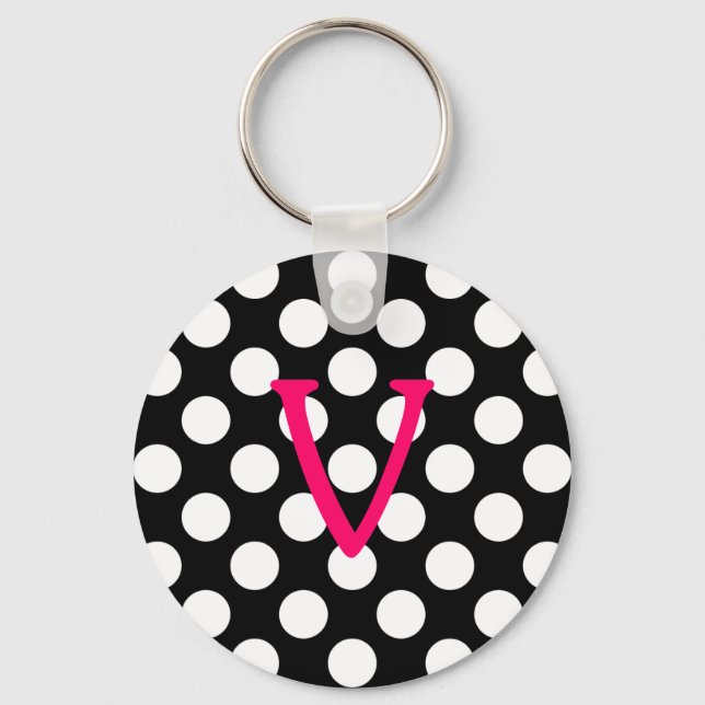 Pink Letter V on Polka Dots Key Ring (Front)