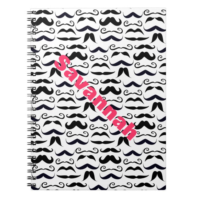 Pink Lettered Name Mustache Hipster Pattern Notebook (Front)