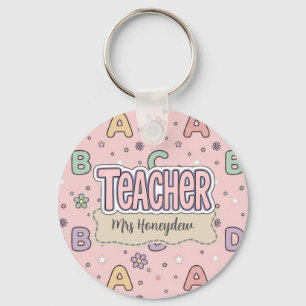 Pink Letters Teacher School Pattern Key Ring