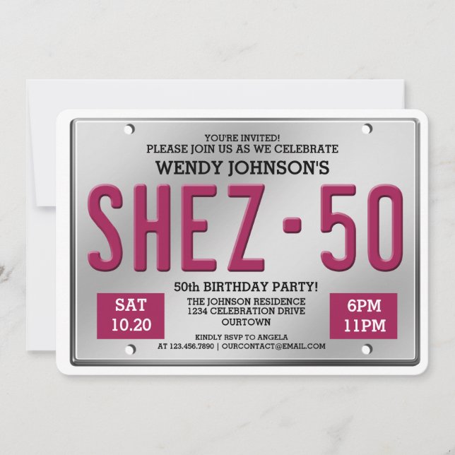 Pink License Plate 50th Birthday Party Invitations (Front)