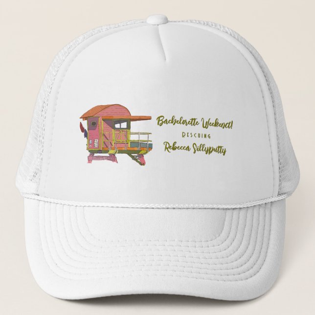 Pink Lifeguard Vibes Bachelorette Weekend Trucker Hat (Front)