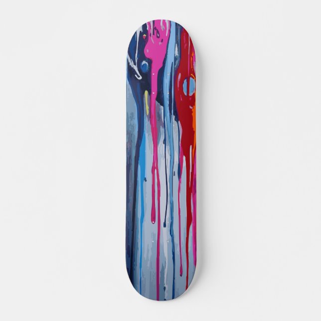 Pink Light Blue and Red Paint Drip Abstract Art Skateboard (Front)