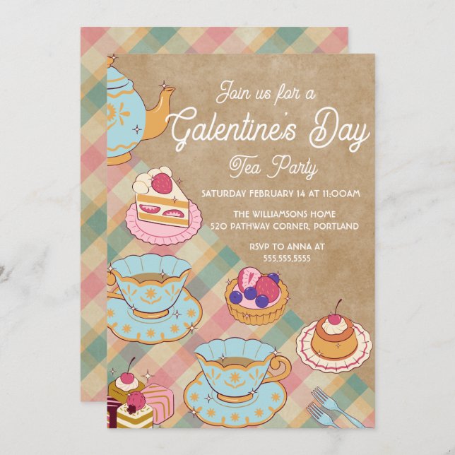 Pink Light Blue Feminine Galentine's Day Tea Party Invitation (Front/Back)